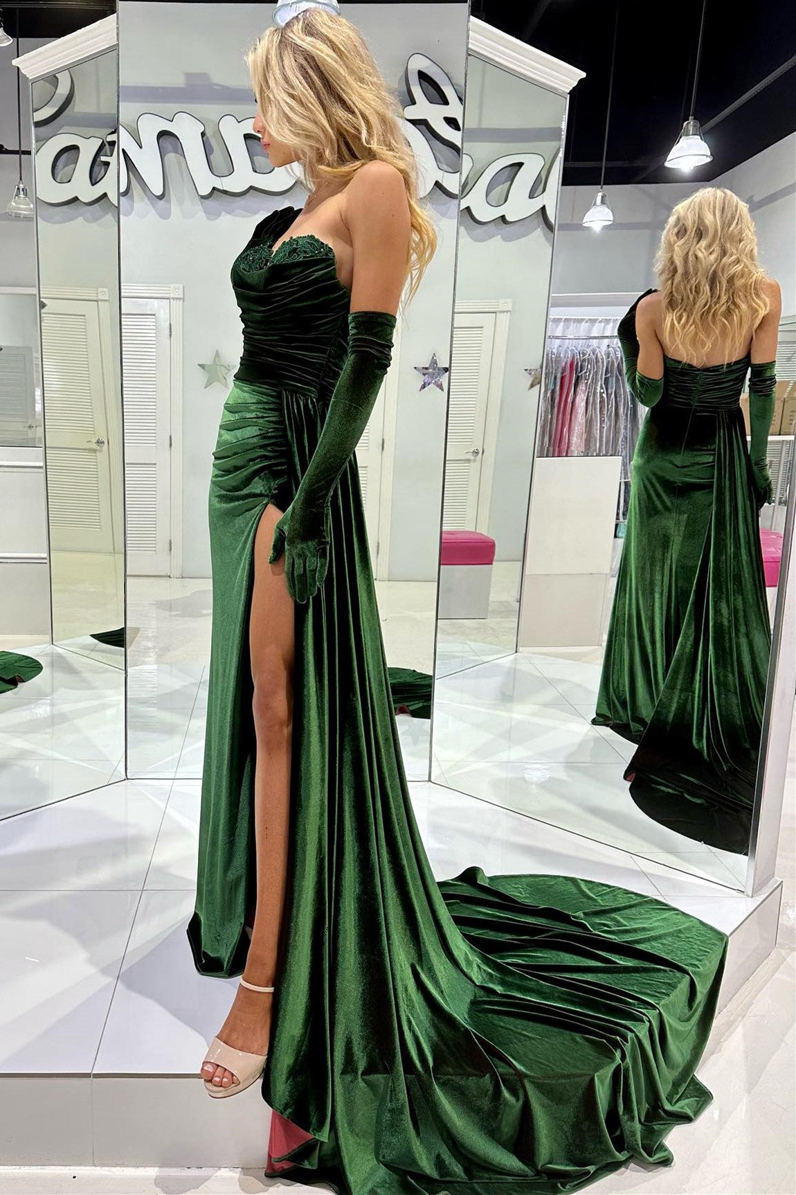 Emerald Sweetheart Long Prom Dress with Attached Train