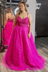 Pink Tulle Appliques V-Neck A-Line Long Prom Dress