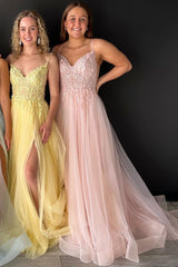 Pink Tulle Appliques V-Neck A-Line Long Prom Dress