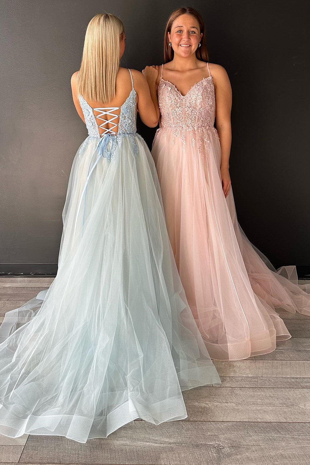 Pink Tulle Appliques V-Neck A-Line Long Prom Dress