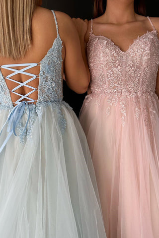 Pink Tulle Appliques V-Neck A-Line Long Prom Dress