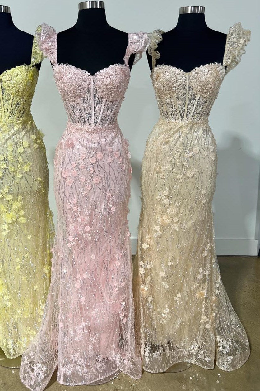 Pink Appliques Flutter Sleeve Mermaid Long Prom Dress