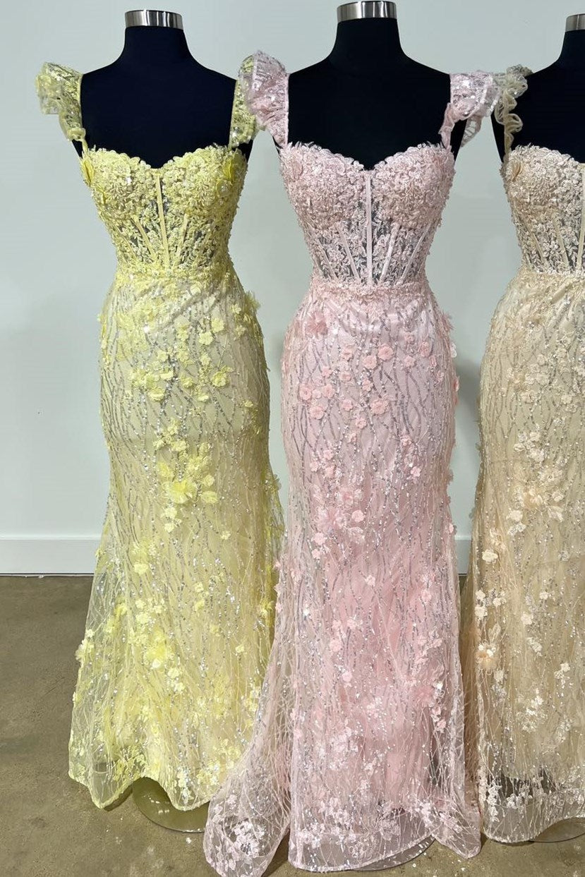 Pink Appliques Flutter Sleeve Mermaid Long Prom Dress