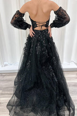 Black Beaded Appliques Sweetheart Long Prom Dress