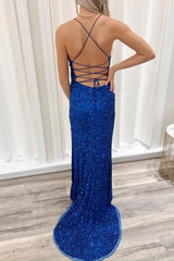 Blue Sequin V-Neck Lace-Up Wrap Long Prom Dress