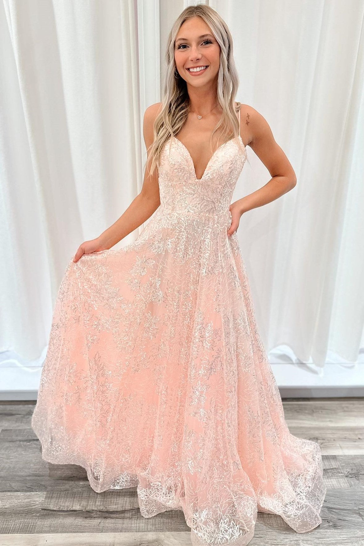 Blush Pink Sequin Lace V-Neck A-Line Long Prom Dress