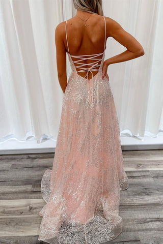 Blush Pink Sequin Lace V-Neck A-Line Long Prom Dress