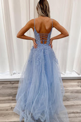 Light Blue Tulle Appliques Plunge V A-Line Long Prom Dress