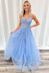 Light Blue Tulle Appliques Plunge V A-Line Long Prom Dress