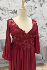 Wine Red Chiffon Appliques V-Neck Long Mother's Gown