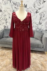 Wine Red Chiffon Appliques V-Neck Long Mother's Gown