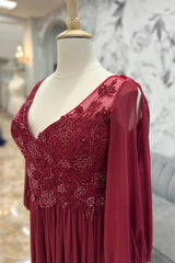 Wine Red Chiffon Appliques V-Neck Long Mother's Gown