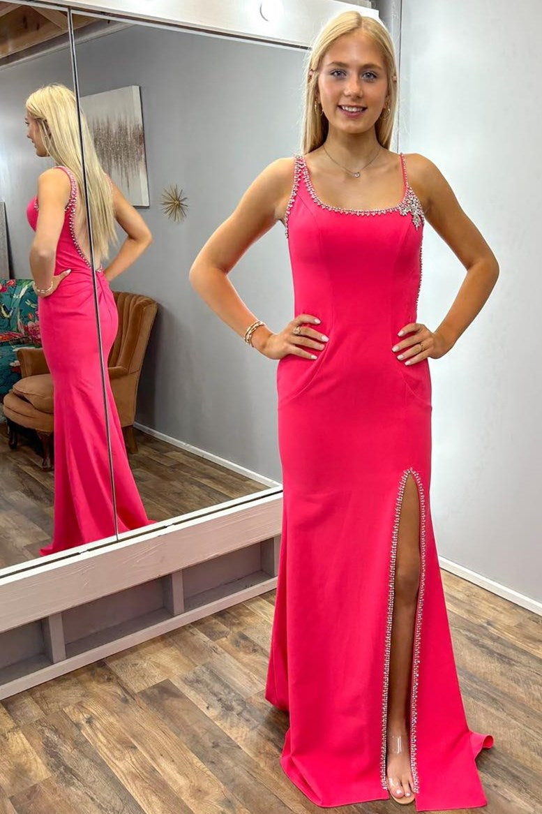 Asymmetrical Hot Pink Rhinestones Backless Long Dress with Slit