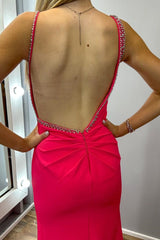 Asymmetrical Hot Pink Rhinestones Backless Long Dress with Slit