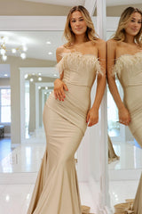 Champagne Strapless Trumpet Long Formal Dress with Feathers