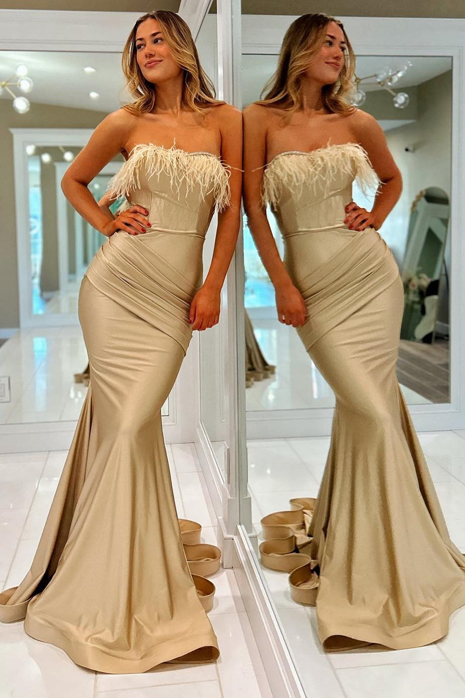 Champagne Strapless Trumpet Long Formal Dress with Feathers