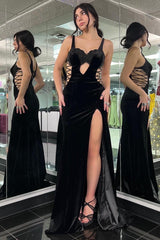 Black Velvet Sweetheart Keyhole Mermaid Long Prom Dress with Slit