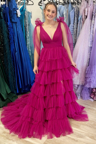 Magenta Plunge V Ruffle Tiered Long Prom Dress