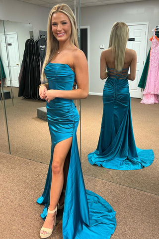 Teal Strapless Lace-Up Ruched Mermaid Long Formal Dress with Slit