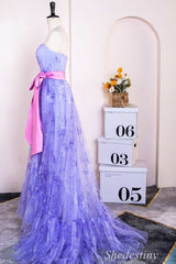 Lavender Print Strapless Bow Belt A-Line Long Prom Dress