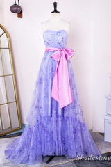 Lavender Print Strapless Bow Belt A-Line Long Prom Dress