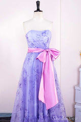 Lavender Print Strapless Bow Belt A-Line Long Prom Dress