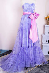 Lavender Print Strapless Bow Belt A-Line Long Prom Dress