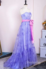 Lavender Print Strapless Bow Belt A-Line Long Prom Dress