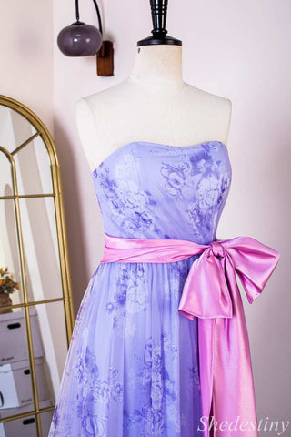 Lavender Print Strapless Bow Belt A-Line Long Prom Dress