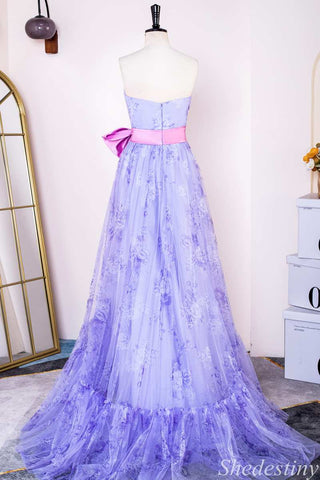 Lavender Print Strapless Bow Belt A-Line Long Prom Dress
