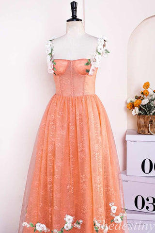 Orange Corset A-Line Long Prom Dress with 3D Floral Lace