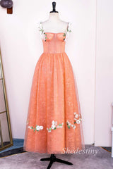 Orange Corset A-Line Long Prom Dress with 3D Floral Lace