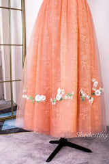 Orange Corset A-Line Long Prom Dress with 3D Floral Lace