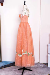 Orange Corset A-Line Long Prom Dress with 3D Floral Lace