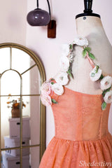 Orange Corset A-Line Long Prom Dress with 3D Floral Lace