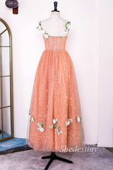 Orange Corset A-Line Long Prom Dress with 3D Floral Lace