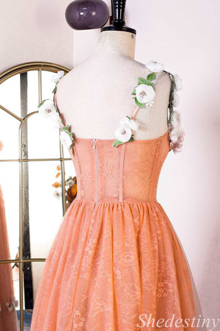 Orange Corset A-Line Long Prom Dress with 3D Floral Lace