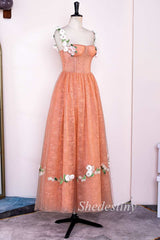 Orange Corset A-Line Long Prom Dress with 3D Floral Lace