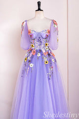 Lavender Floral Appliques Sweetheart Puff Sleeve A-Line Prom Dress