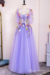 Lavender Floral Appliques Sweetheart Puff Sleeve A-Line Prom Dress