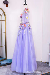 Lavender Floral Appliques Sweetheart Puff Sleeve A-Line Prom Dress