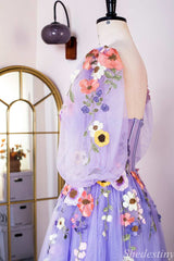 Lavender Floral Appliques Sweetheart Puff Sleeve A-Line Prom Dress