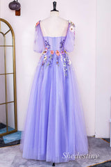 Lavender Floral Appliques Sweetheart Puff Sleeve A-Line Prom Dress