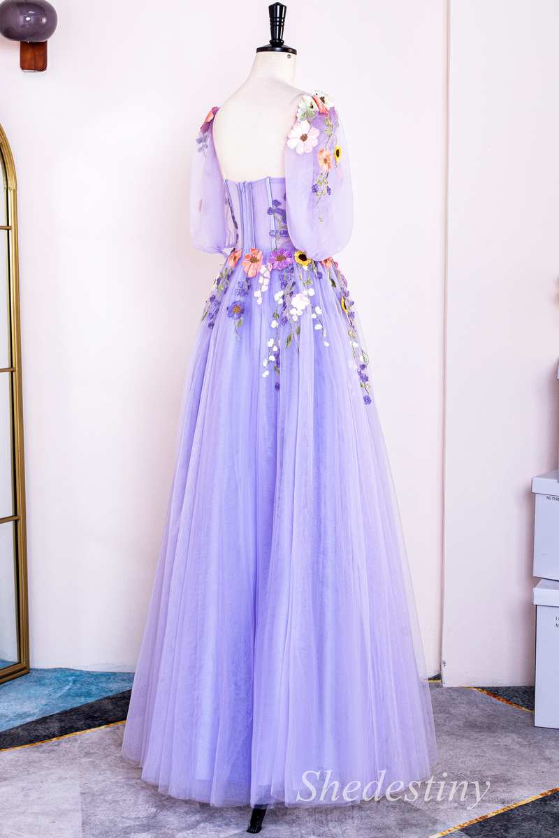 Lavender Floral Appliques Sweetheart Puff Sleeve A-Line Prom Dress