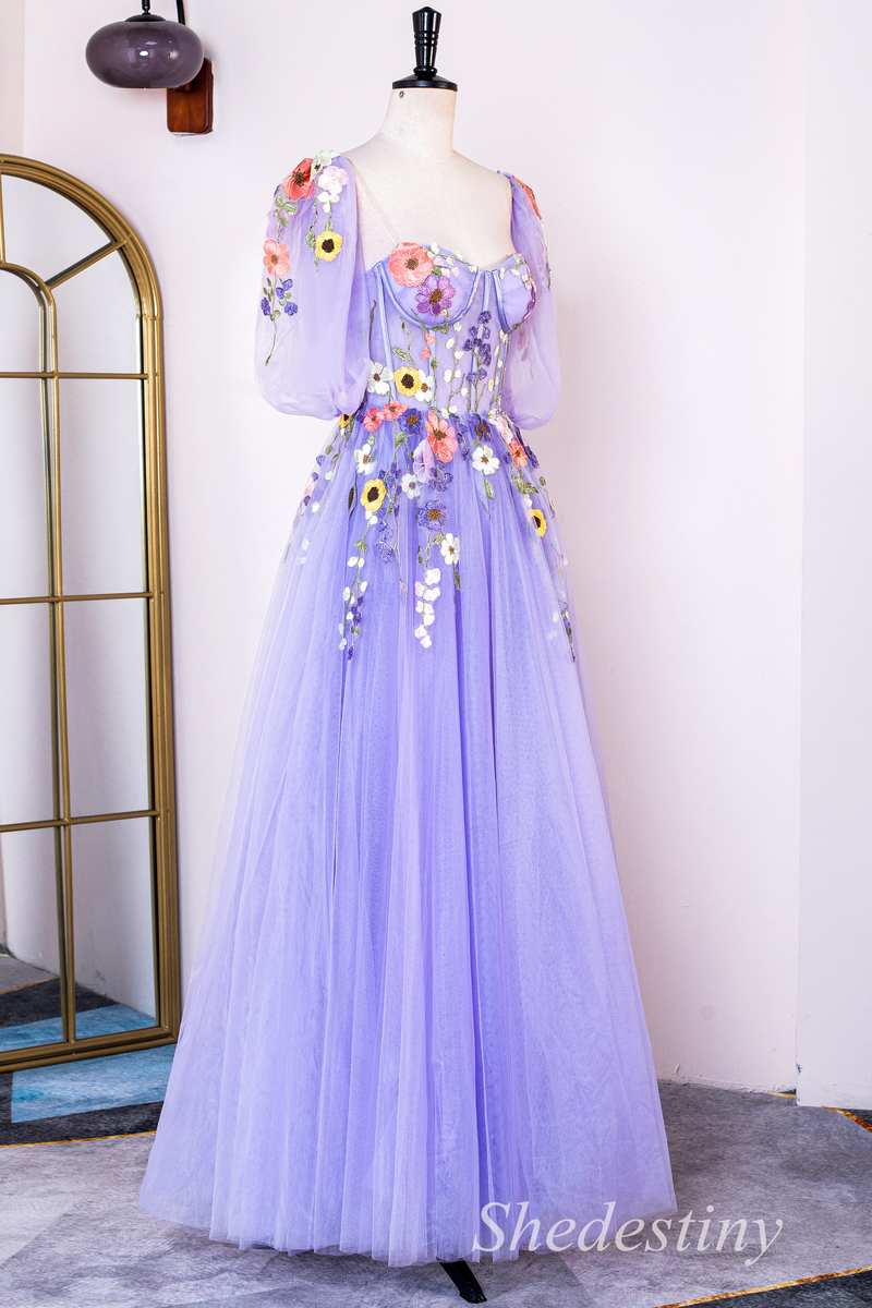 Lavender Floral Appliques Sweetheart Puff Sleeve A-Line Prom Dress