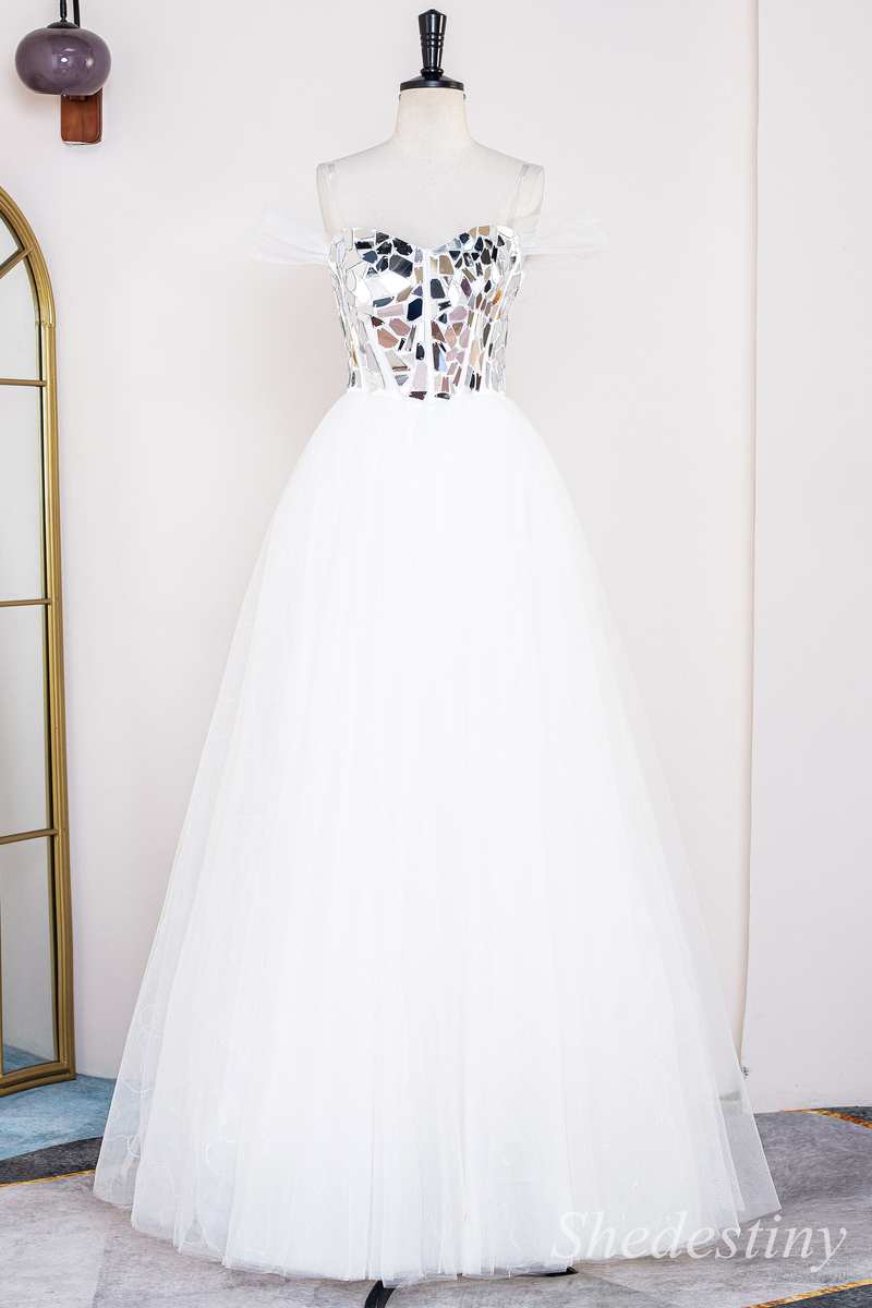 White Off-the-Shoulder A-Line Long Prom Dress with Broken Mirrors