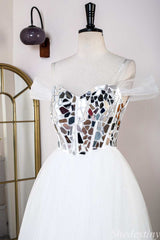 White Off-the-Shoulder A-Line Long Prom Dress with Broken Mirrors