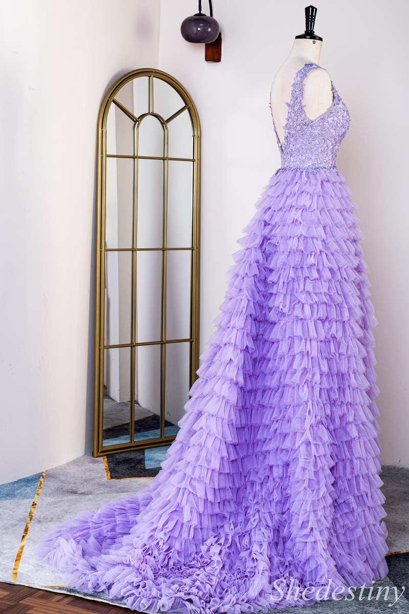 Lavender Appliques Plunge V Backless Ruffle Tiered Long Gown