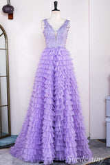 Lavender Appliques Plunge V Backless Ruffle Tiered Long Gown