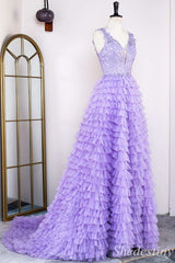 Lavender Appliques Plunge V Backless Ruffle Tiered Long Gown